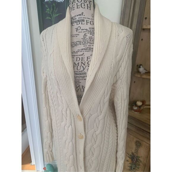 Lands End Ivory Thick Wool Fisherman Cardigan Sweater Shawl Collar - Picture 1 of 8
